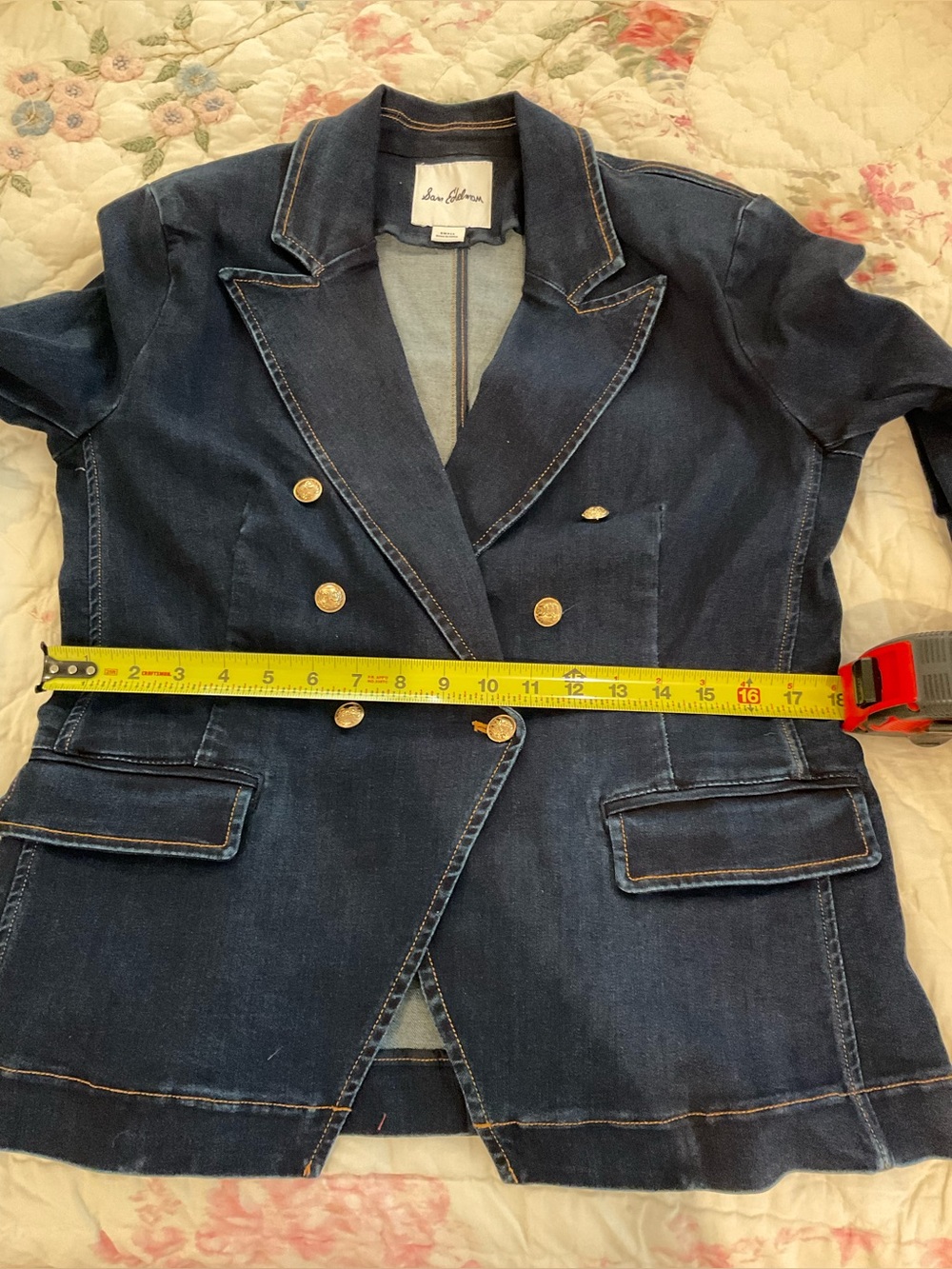 Sam Edelman Imogen Double-Breasted Dark Denim Blazer with Gold Buttons - Picture 8 of 10